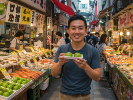 Traveler smiling while trying a matcha mochi sample at Nishiki Market Traveler smiling while trying a matcha mochi sample at Nishiki Market