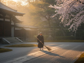 Monk sweeping temple garden at dawn Monk sweeping temple garden at dawn