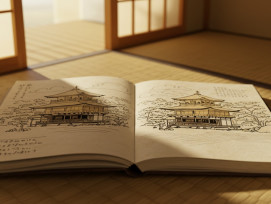A handwritten journal with Kyoto temple sketches A handwritten journal with Kyoto temple sketches