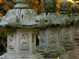 Nijo Castle gardens with autumn foliage and traditional stone lanterns. Photo by Sagawa on Unsplash