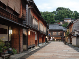 Coblestone streets and traditional buildings from the E