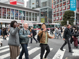 Tourists on their way to view cherry blossoms