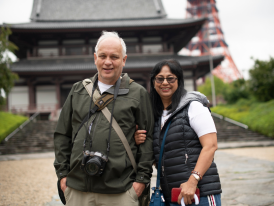 Visitors exploring temple grounds in Tokyo during the r