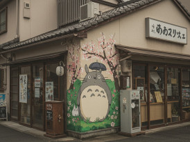 Ghibli-inspired street art on small neighborhood shop wall.
