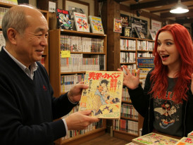 Host showing rare vintage manga find to excited guest.