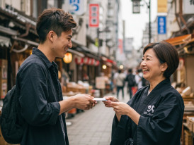 Guest and host exchanging contact information for future visits