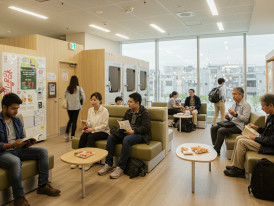Capsule hotel common area with travelers.