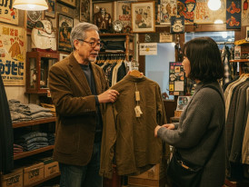 Vintage store owner explaining garment history.
