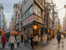 Comparison shot showing the same Osaka street in April (crowded) versus October (peaceful). 