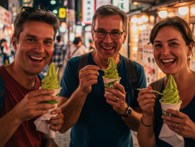 Smiling guest in lantern-lit alley sampling local delicacies.