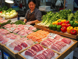 Market stall with fresh meat and vegetables artfully displayed.