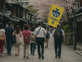 Tourist group following a tour guide with flag.