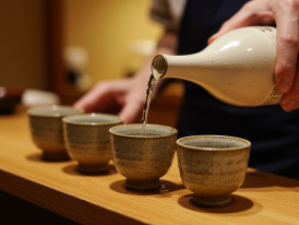 Sake being poured gently into traditional cups.