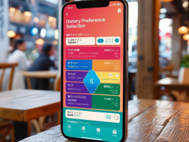 Mobile phone showing booking screen with dietary preference selection.