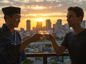 Host and guest toasting at sunset with Osaka skyline. 