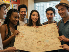 A diverse group of travelers looking at a handwritten itinerary.