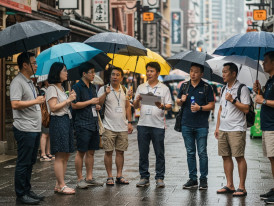 A host adjusting plans based on weather with travelers under umbrellas.