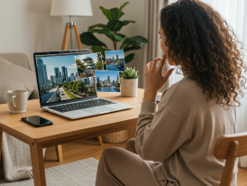 A traveler at home looking at Osaka photos on their laptop during a video call.