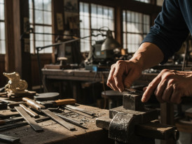 Skilled artisan hands working on traditional Japanese metalwork in a small, tool-filled workshop with natural light streaming through windows.