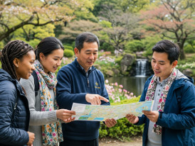 A small group of guests consulting with their local host over a map, pointing to different areas while standing in a peaceful park setting.