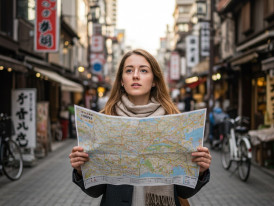  Satisfied traveler consulting map with confident expression.