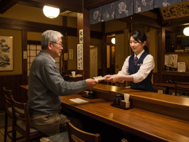 Cash transaction at traditional restaurant with friendly interaction between customer and staff. 