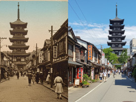 Side-by-side display of vintage and modern postcards highlighting how Shinsekai has evolved over time