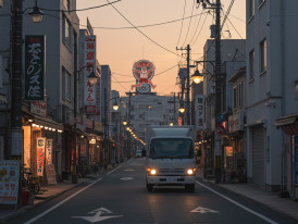A delivery truck parked on a calm street in Shinsekai, Osaka, during early morning hours with no crowds. 