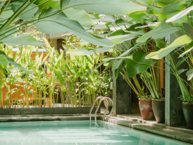 Indoor pool area with tropical theme and water features Photo by Ardi Evans on Unsplash
