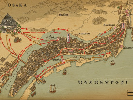 Historic map showing ancient trade routes between Osaka and Kyoto with cultural exchange arrows
