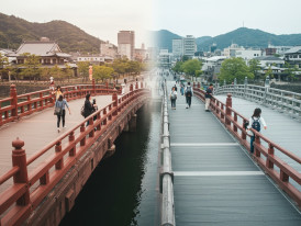Cultural bridge metaphor showing connection between Osaka and Kyoto