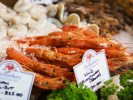 Fresh seafood display at a market stall