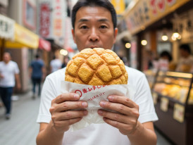 Customer holding melon pan in paper wrap photo