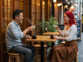 A guest and host chatting over tea at a quiet street café in Osaka.
