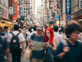 Confused tourists standing on a busy Osaka street, looking at maps or phones as crowds move around them.