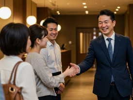 A friendly host warmly greeting guests in a stylish hotel lobby, with welcoming smiles and relaxed body language setting the tone for the day.