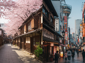 A contrast between a quiet traditional street and a busy modern shopping area.