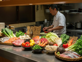Seasonal ingredients displayed on a counter with a chef preparing a dish nearby.