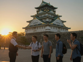 A warm farewell between a guide and travelers at sunset outside a recognizable Osaka landmark.