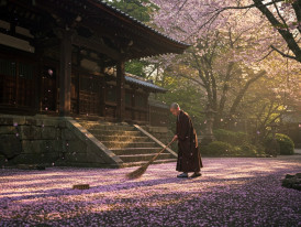 A monk sweeps cherry blossom petals in a peaceful temple courtyard lit by soft morning light.
