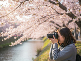 A photographer takes pictures of cherry blossoms at dawn, keeping a respectful distance from the trees in Kyoto.