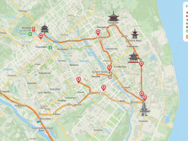 A beautifully arranged overview map showing the connection between Fushimi Inari, Gion district, and temple locations with suggested routes