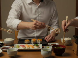 Proper chopstick etiquette demonstration showing correct hand position and table manners