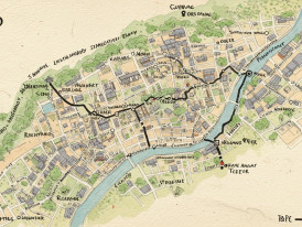 Hand-drawn map on traditional paper showing personal discovery routes through Kyoto.
