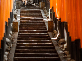 Endless tunnels of bright red torii gates climbing mountain paths