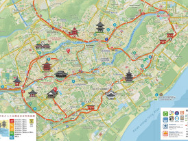 Tourist map showing temple locations and train connections throughout the city