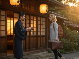 Host greeting traveler outside a ryokan or boutique hotel