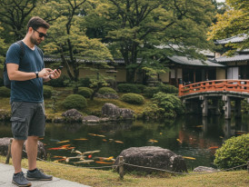 Traveler checking phone to finalize booking