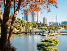 Hamarikyu Gardens with Tokyo Skyline