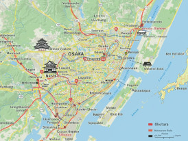 Map showing Osaka's central location and easy connections to surrounding cities and attractions